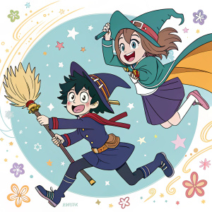 Fan illustration featuring characters from Little Witch Academia and My Hero Academia. Dynamic poses, colorful and playful anime style background.