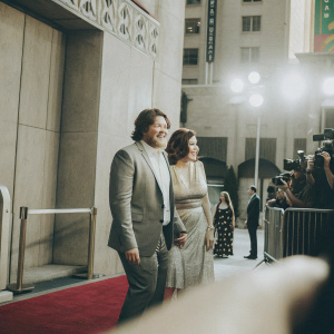 Dan Gregor and Rachel Bloom at the premiere of 'Chip 'N Dale: Rescue Rangers' at El Capitan Theatre. Red carpet event with Hollywood backdrop.