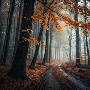 The cover of 'The Sacrifice' by Karin Kaufman features a chilling autumn forest. The dark, murky trees contrast sharply with orange hues of falling leaves. A mysterious path winds through the scene, leading the eye deeper into the unknown.