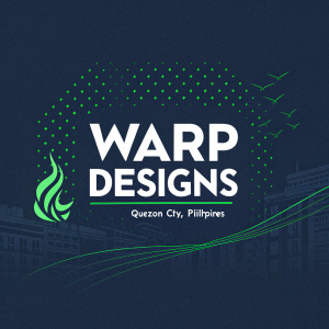 Warp Designs, graphic design agency in Quezon City, Philippines. Dark background with white text and a stylized green graphic element. Services include unique and creative designs.