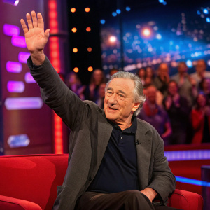 Robert De Niro, appearing on a vibrant talk show set, waving to the audience. Bright lights and enthusiastic crowd in the background.
