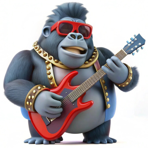 In a playful 3D cartoon style, imagine a gorilla embracing the rockstar persona, complete with funky accessories and a guitar. The character pops against a white background, radiating fun and musical energy.

