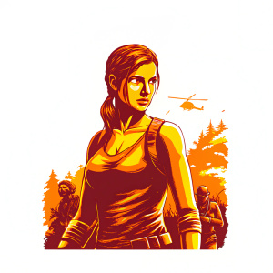 Resolute countenance of female protagonist from Metal Gear Solid 3: Snake Eater in vibrant color. Detailed portrayal highlighting athletic build and intricate features. Dynamic action scene background