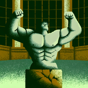 Digital artwork of a hulking muscular statue. It's mid-torso up, flexing muscles dramatically. The statue is broken and has a rugged base. Dark textured wall background