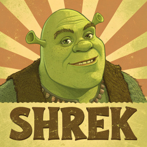 Shrek's green face is the centerpiece of a promotional poster. His comically large, round head with no hair stands out. The text 'SHREK' is written in bold, rustic font beneath his image.