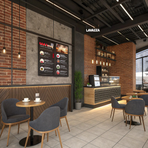 A 3D render of a futuristic cafe. Lavazza-branded menu board, trendy chairs, brick walls