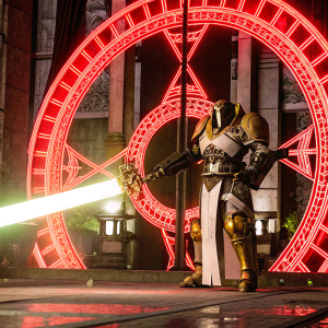 Archangel Tyrael in full armor, wielding a radiant sword. Dark, mystical background with ancient, glowing runes and an ethereal glow.