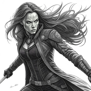 A black and white, detailed line-art illustration. Gamora, from Marvel Comics, standing in a fierce pose with a focused expression. Long hair flowing behind her. Detailed outfit with a black jacket and a fitted bodysuit. Dynamic lines indicate movement and strength.