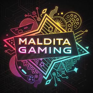 Maldita Gaming logo in a vibrant digital art piece. Neon colors and futuristic design elements on black background with intricate lines and shapes.