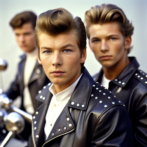 Bikers of the sixties, Biker black jacket with studs with white t-shirt, brunettes, two young guys shaved, motorcycle, pompadour haircuts,",