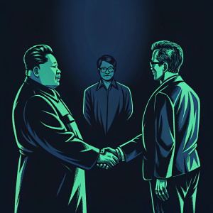 Collage of Kim Jong Un and Moon Jae-in shaking hands. Blue background. Casual observer in the corner.