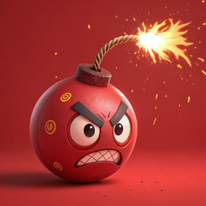Inflated angry emoji bomb with sharp facial features and a blazing flame. Solid red backdrop.