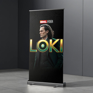 A sleek digital promotional banner for Loki. Marvel Studios logo at the top. Loki's name in vibrant colors. Dark backdrop.