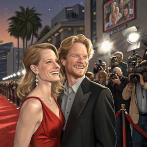 Bridget Fonda and Eric Stoltz celebrating a Hollywood film premiere. Crowd and flashing cameras in the background.