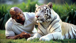 imagem do lutador Mike Tyson brincando com seu tigre branco em um gramado