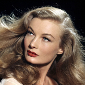 Close-up of Veronica Lake, her hair flowing gracefully, makeup flawless. Dark background