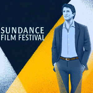 Garrett Hedlund, dressed in a tailored charcoal suit, light blue shirt, and brown leather belt, at the Sundance Film Festival. Concerned look on his face. He is against a black background with a golden logo of the event. Spotlights highlight his features.