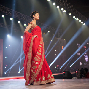 Mouni Roy, in a vibrant red saree with gold embroidery, at a Bollywood premiere. Brightly lit stage with spotlights.