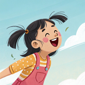A joyful asian girl with dark hair in pigtails, her eyes sparkling with happiness, in a playful pose.