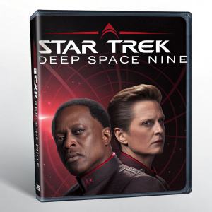 First season DVD cover of Star Trek: Deep Space Nine. Futuristic design with prominent Star Trek logo. Main characters in close-up. Dark color scheme with red accents.