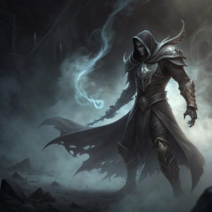 Malthael from Heroes of the Storm. Dark, mystical character. Dimly lit with smoke-like effects swirling around. Poses dynamically