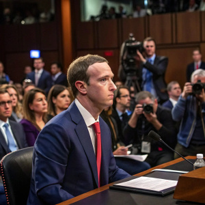 Mark Zuckerberg, wearing a navy blue suit and red tie, testifying before a congressional committee. Chaotic room filled with reporters and lawmakers.