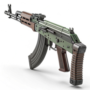 Digital 3D model of a Bofors AK5 assault rifle. Gun in digital space, green, brown, and grey components, set against stark white background, emphasizing intricate design details such as the barrel, stock, and ammunition.