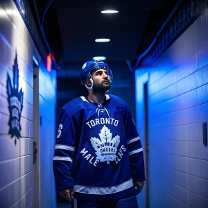 Nazem Kadri in a Toronto Maple Leafs jersey, standing in a dimly lit locker room. Blue-lit backdrop, wearing helmet, surrounded by team logos and motivational quotes in bold font.