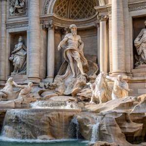 At the grand Trevi Fountain, a statue of Oceanus, the Titan god, stands tall. The statue is made of white stone and is intricately carved.