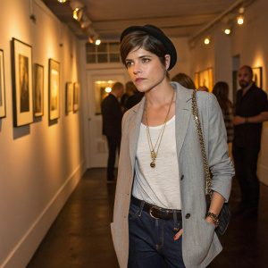 Selma Blair in a casual yet chic outfit at a private art gallery opening. Short hairstyle, somber expression. Warm, ambient lighting, a few guests in the background.