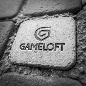 Black and white close-up of GameLoft logo embedded in a rough, stone surface. The textured backdrop highlights the crispness of the 'GAMELOFT' text below the emblem.