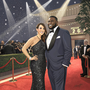 Tiffany Ortiz and David Ortiz at the Sports Illustrated Sportsman of the Year Gala. Tiffany in a black sequined dress, David in a tuxedo. They are standing on a red carpet under bright stage lights.