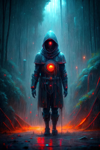 robot encapuchado camina en bajo la lluvia. es de noche, todo es sombrio. el robot tiene un solo ojo brillante rojo. esta encapuchado, es sombrio. 