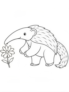 simple outline and shapes of baby Giant Anteater with flower next to it, coloring book page for children, no colors, black and white, no drawing inside , white background , line only