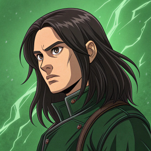 Cartoony illustration of a character from Fullmetal Alchemist, long dark hair, serious facial expression, set against a vivid green background