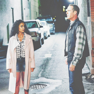Intense scene from 'FBI: Most Wanted'. Sheryll Barnes, portrayed by Roxy Sternberg, wears a checkered shirt and a long pale pink coat, stands on a gritty urban street with parked cars and a brick building. Jess LeCroix, played by Julian McMahon, in a plaid shirt and FBI vest, stands beside her. Both characters have serious expressions. The backdrop features dim streetlights casting shadows, enhancing the tense atmosphere.