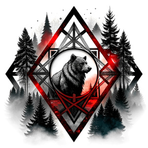 valknut runes pattern geometric symbols - bear and trees - tattoo design - perfect realistic art - high-definition - grey and black - white background 