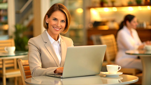 Widely smiling businesswoman working on laptop sitting in a cafe