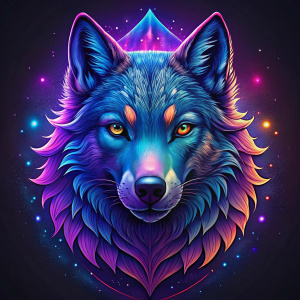 vibrant and dynamic die cut sticker design, portraying a wolfs head interlaced with cosmic galaxies, AI, stickers, high contrast, bright neon colors, top-view, high resolution, vector art, detailed stylization, modern graphic art, unique, opaque, weather resistant, UV laminated, white background