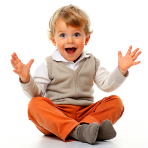 cute two year old child sitting, smiling, with surprised eyes on the floor and stretching out his hands