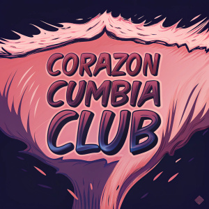 Digital artwork featuring Corazon Cumbia Club's logo. Diverse design iterations. Eye-catching color palette of pink, red, black, and white. Stylized font. Memorable brand identity.