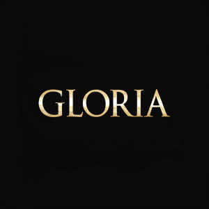 Luxury brand logo design. 'Gloria' in shimmering gold font on stark black backdrop. Elegant and minimalist layout, centered on the image.