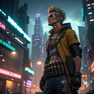 Junkrat, a male character from Overwatch, wearing his signature explosive belt, standing in a cyberpunk cityscape.