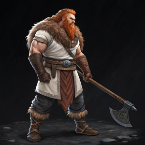 Volstagg, a muscular figure with flaming red hair, stands fierce and resolute. He wears a white tunic, brown vest, and fur-lined attire. Shot against a stark black backdrop.