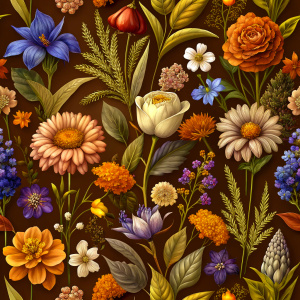 DARK BROWN  background, watercolor image with dark brown   background , wrapping paper ,iris,poppy ,aster,ixora,jasmine ,anemone ,hollyhock ,orchid ,carnation,snapdragon,celosla,gladiolus,vinca,clematis ,leek ,rosemary