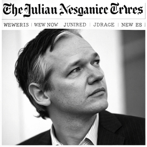 Julian Assange in a news article header. Dark hair, serious expression, black and white image.
