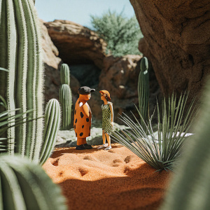 The Flintstones, Fred, Wilma, Pebbles, Barney, Betty, and Bamm-Bamm, digitally illustrated. Vibrant desert backdrop.