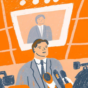 Mauricio Pochettino, Tottenham Hotspur manager, wearing a formal suit. Conducting a press conference at Wembley Stadium. A large screen behind him displays highlights from the recent match.