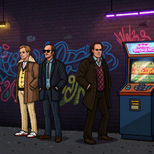 Pixel art illustration of characters from Better Call Saul. The characters are dressed in 80s attire and posing in front of a neon-lit arcade game and a graffiti-covered wall.