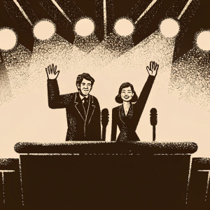Patrick Dempsey and Danica Patrick, smiling and waving at a press conference. Bright lights and microphones in the background.